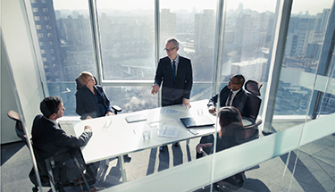 A group of seated professionals meet in the boardroom of a high rise building while one of them stands to present.