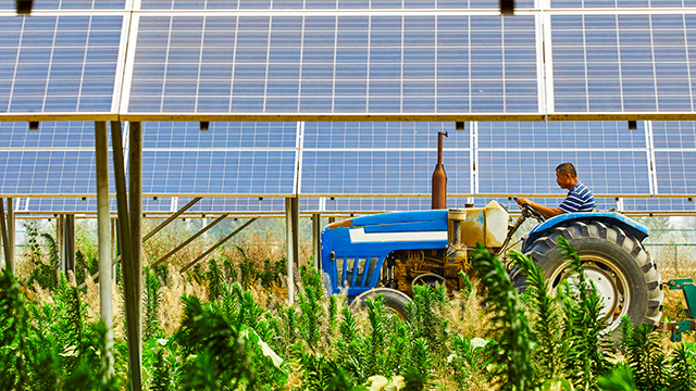 Man on tractor with solar panels in background
