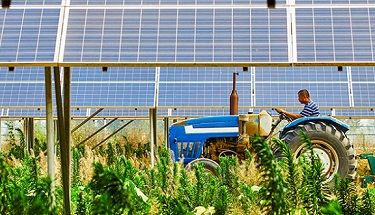 Man on tractor with solar panels in background
