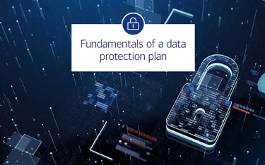 “Fundamentals of a data protection program” Padlock superimposed on a field of circuit boards and digital connection points.