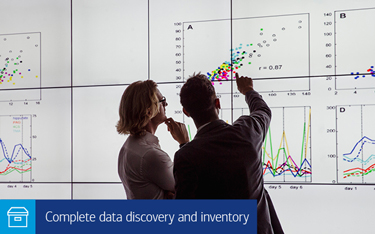 “Complete data discovery and inventory” A man and a woman reviewing a graph on a digital wall display.