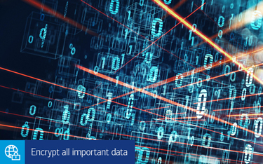 “Encrypt all important data” Blocks of binary computer code intersected by red lines.