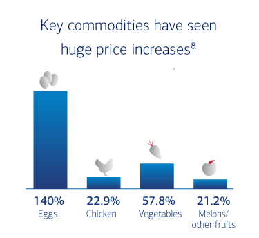 Eggs, a chicken, a carrot and an apple sit above the columns of a bar chart.