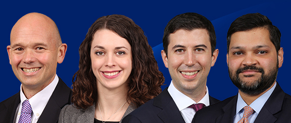 A headshot of Jill Hall, Head of U.S. SMID Cap Equity Strategy Research, Bryan Spillane, Senior U.S. Packaged Food & Beverages, Peter Galbo, Senior Consumer Staples Analyst and Ebrahim Poonawala, Head of North American Banks Research 