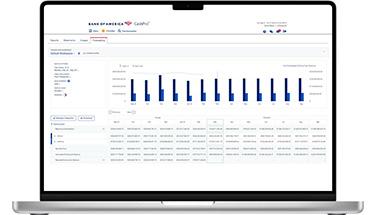Bank of America CashPro® Forecasting image showing the dashboard workspace experience with bar charts, graphs, and tables providing data-driven business insights