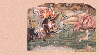 Art piece representing two men on horses chasing rabbit